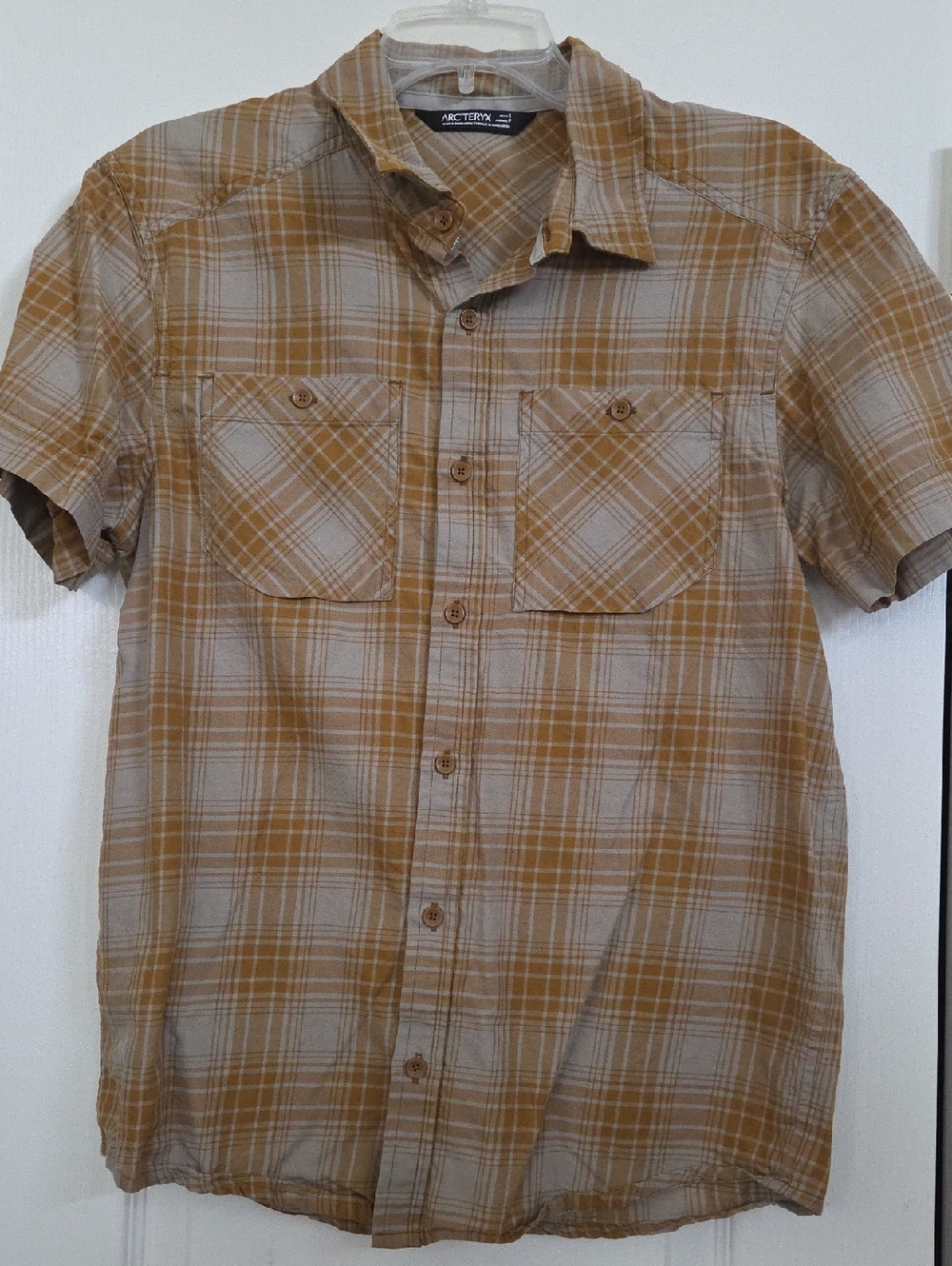 Arc'teryx Khaki and Pumpkin Plaid Cotton/Wool, Short Sleeve Shirt
